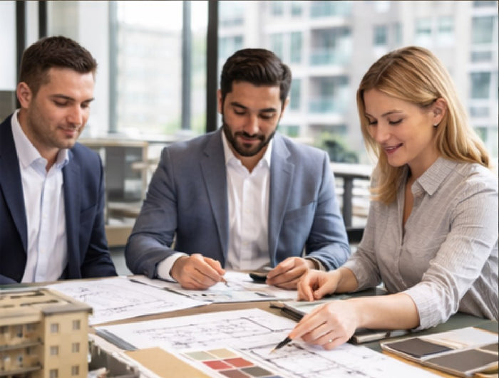 Three designers reviewing floor plans, finish samples and a building model around a table