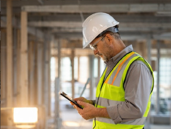 Electrical contractor in a hard hat and high-visibility vest checking a tablet inside a building under construction
