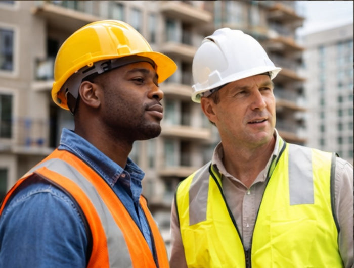 Two general contractors in hard hats and safety vests talking on a multifamily construction site