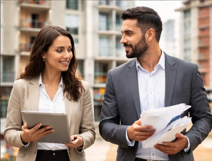 Two property development professionals reviewing documents and a tablet in front of an apartment building